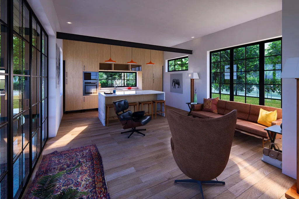 Bright modern ADU interior open concept living.
